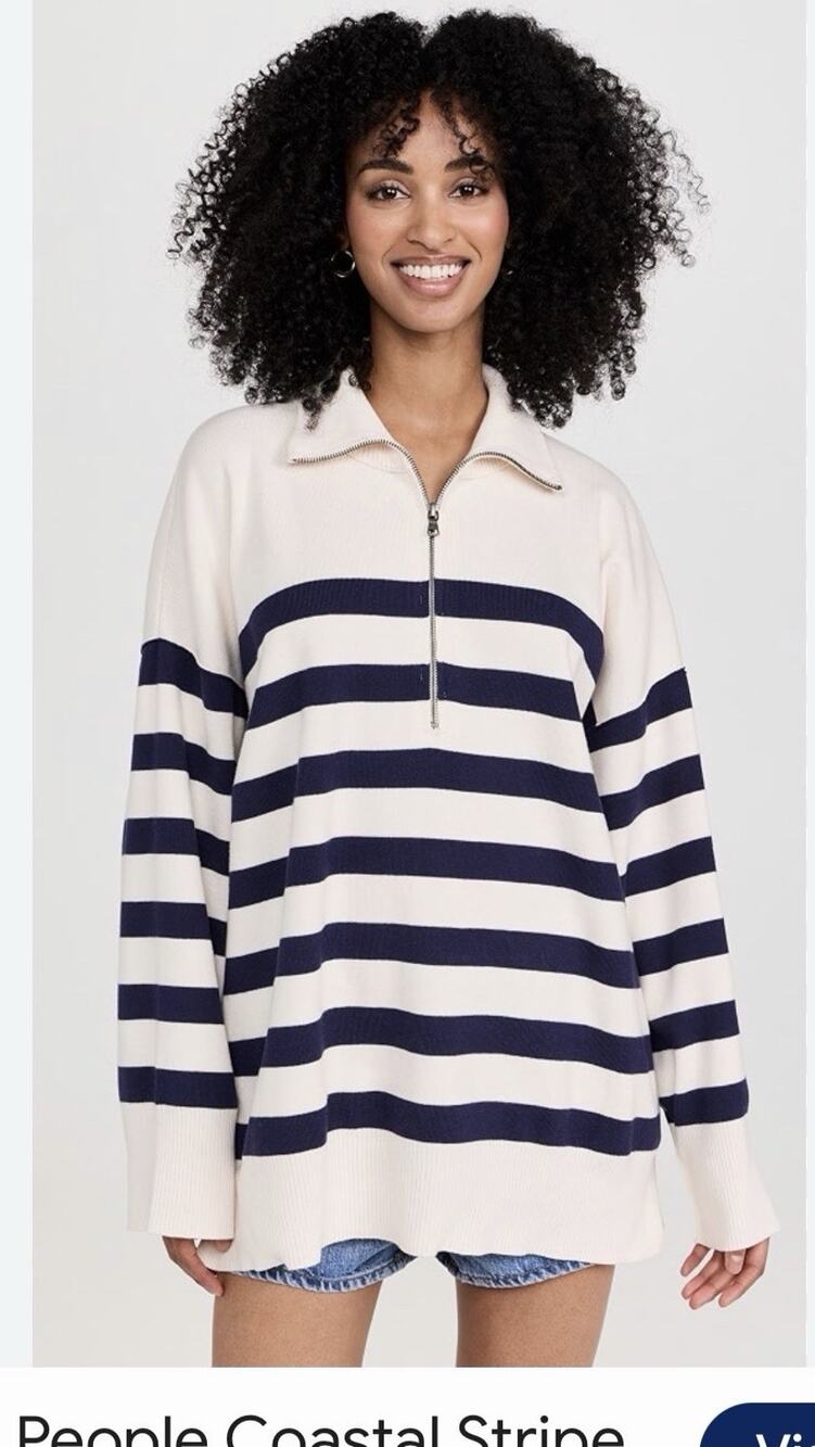Free People Coastal Stripe Pullover 1/4 Zip Sweatshirt Sz M Oversized Blue Cream
